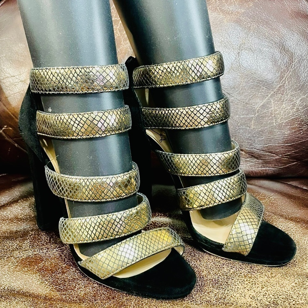 Christian Louboutin Champaign gold bandage sandals.VeauVelour blockheel EU37.5 - Picture 3 of 11